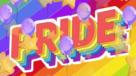 animation of floating stars and balloons over pride text on rainbow background