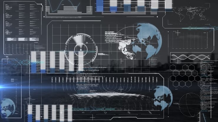 Digital composite video of digital interface with data processing against cityscape in background