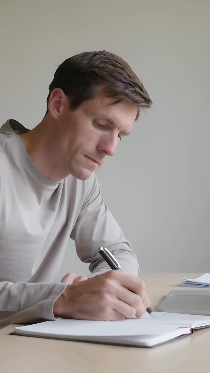 Video verticale: Uomo in maglietta color cammello alla scrivania, osserva documenti sul laptop e scrive su un quaderno, con spazio per il testo.