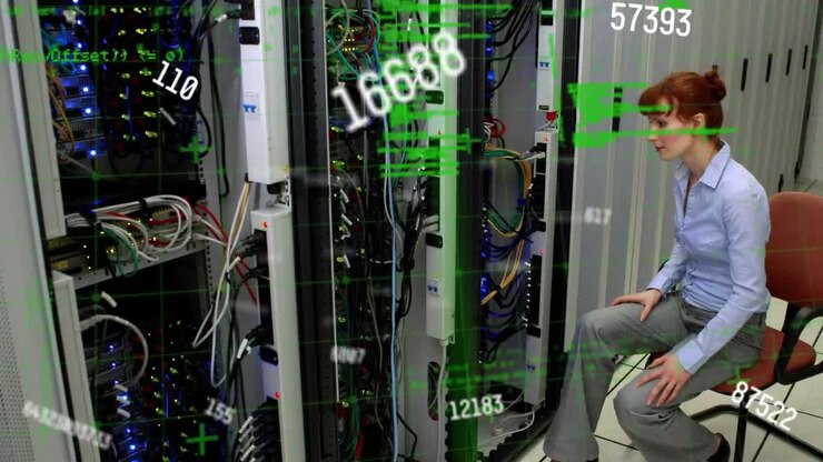Animation of numbers and data processing over caucasian female engineer working at server room