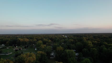 Aerial-drone-forward-moving-shot-of-coniferous-forest-during-evening-time-at-sunset