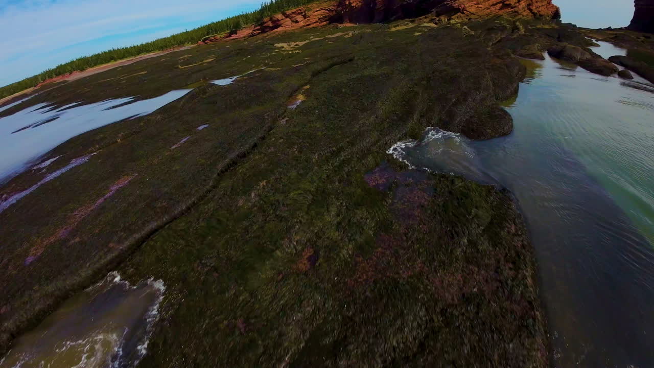 Drone video chasing a haron, skimming the water by rocky red cliffs