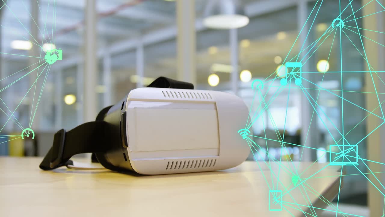 Animazione di rete di connessioni su visore VR