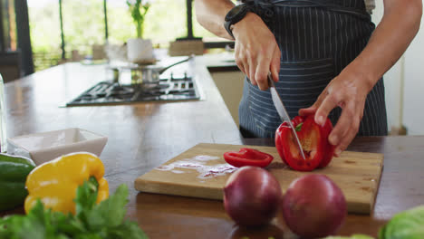 Midsection-of-caucasian-pregnant-woman-wearing-apron-and-cutting-red-pepper