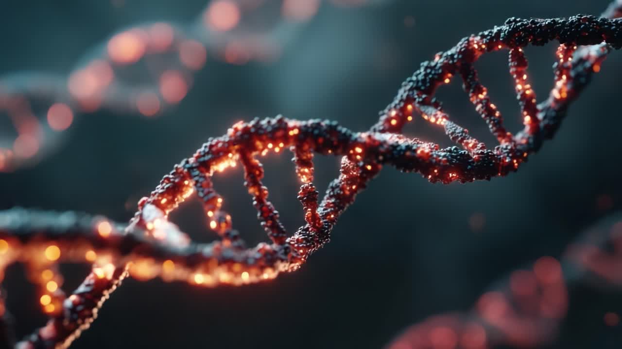 A Stunning Close-Up of a Detailed DNA Helix, Highlighting Its Intricate Structure and Sparkling Elements in a Dark, Mysterious Background