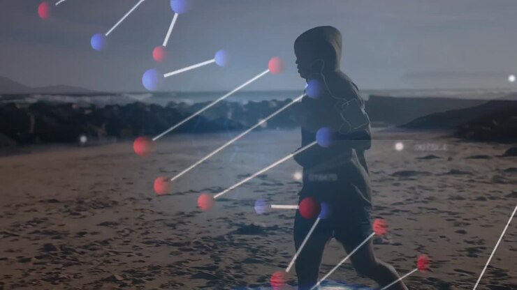 Animation of dna strand spinning and data processing over african american man running