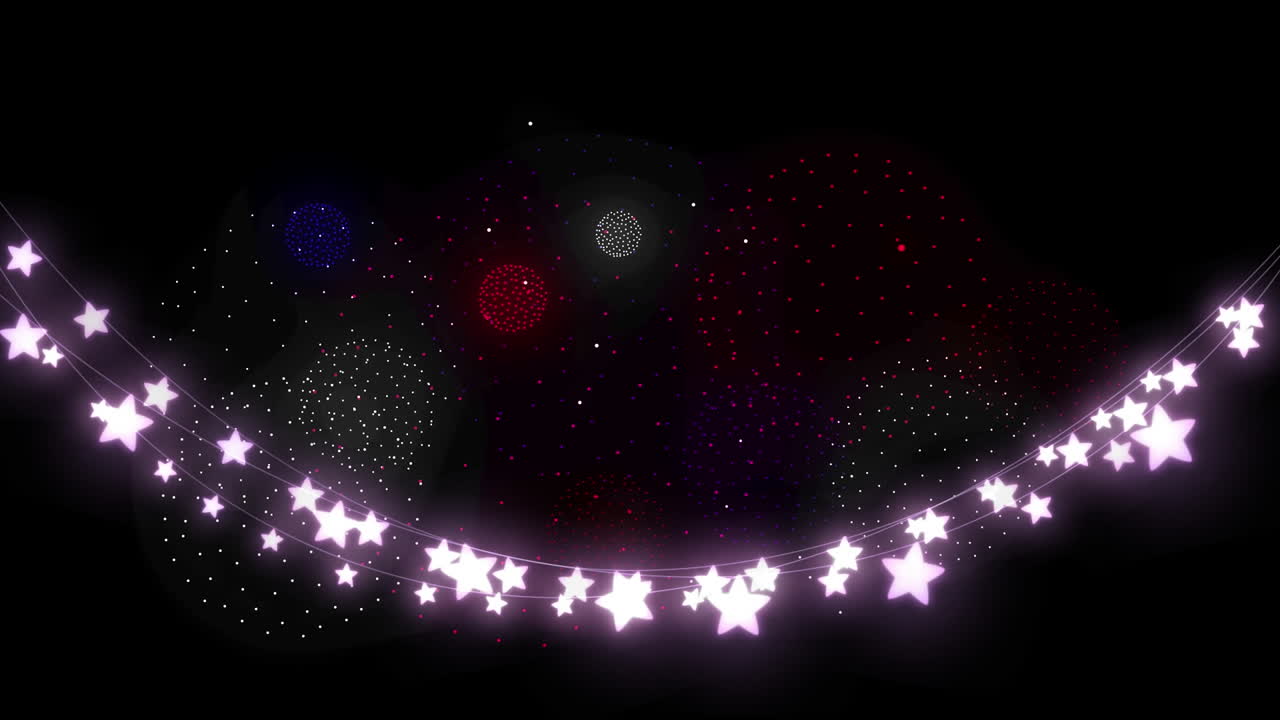 검은색 배경에 다채로운 모양과 불꽃놀이에 대한 요정 불빛의 애니메이션