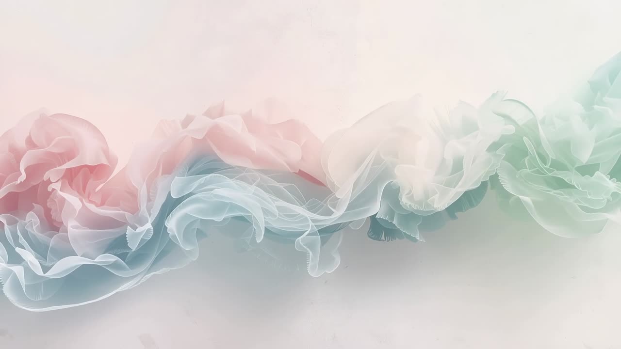 Appearing sheer ribbon undulating across pale studio backdrop, folding and blending pastels