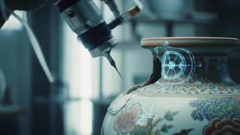 advanced robotics in art restoration: a robotic arm perfectly fixes a cracked decorative vase using precision techniques and augmented reality for enhanced accuracy