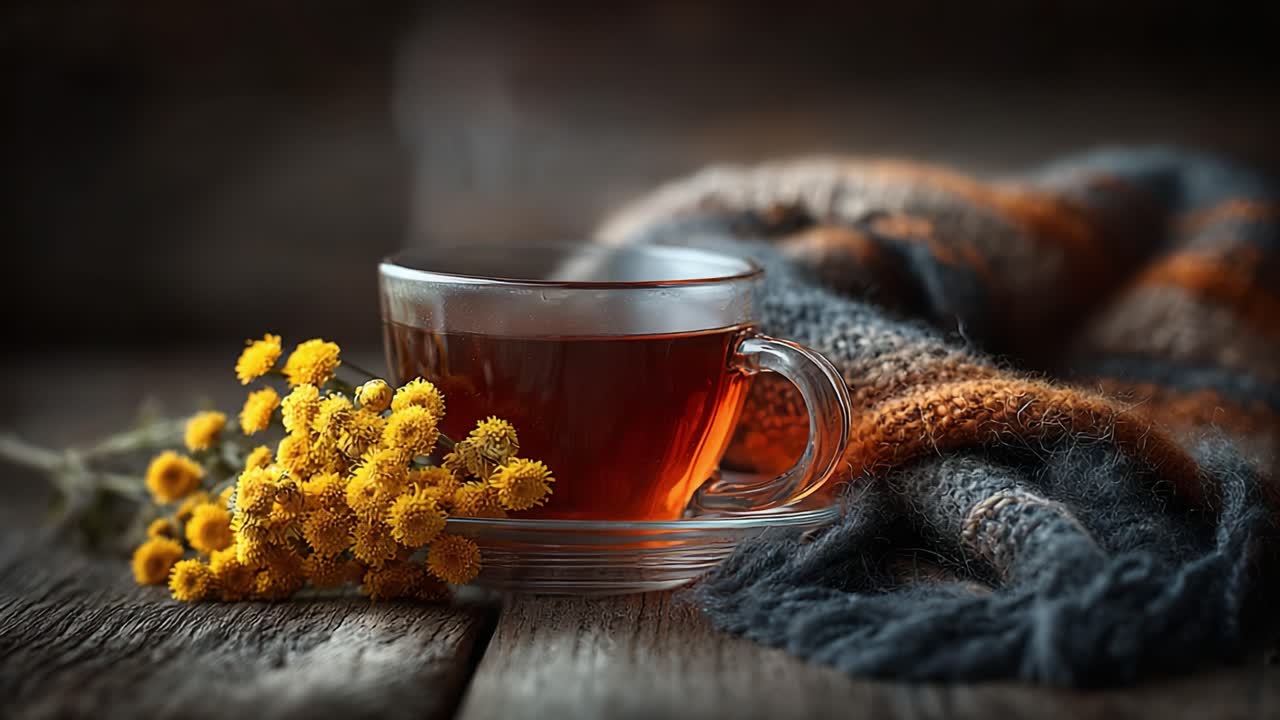 Un momento accogliente: tè caldo con fiori aromatici e una morbida coperta a maglia su una superficie di legno rustica.