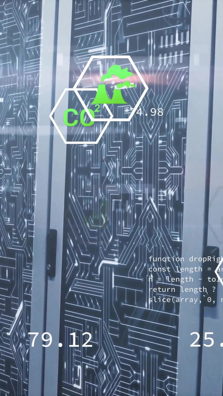 Animation of eco icons and digital data processing over computer servers