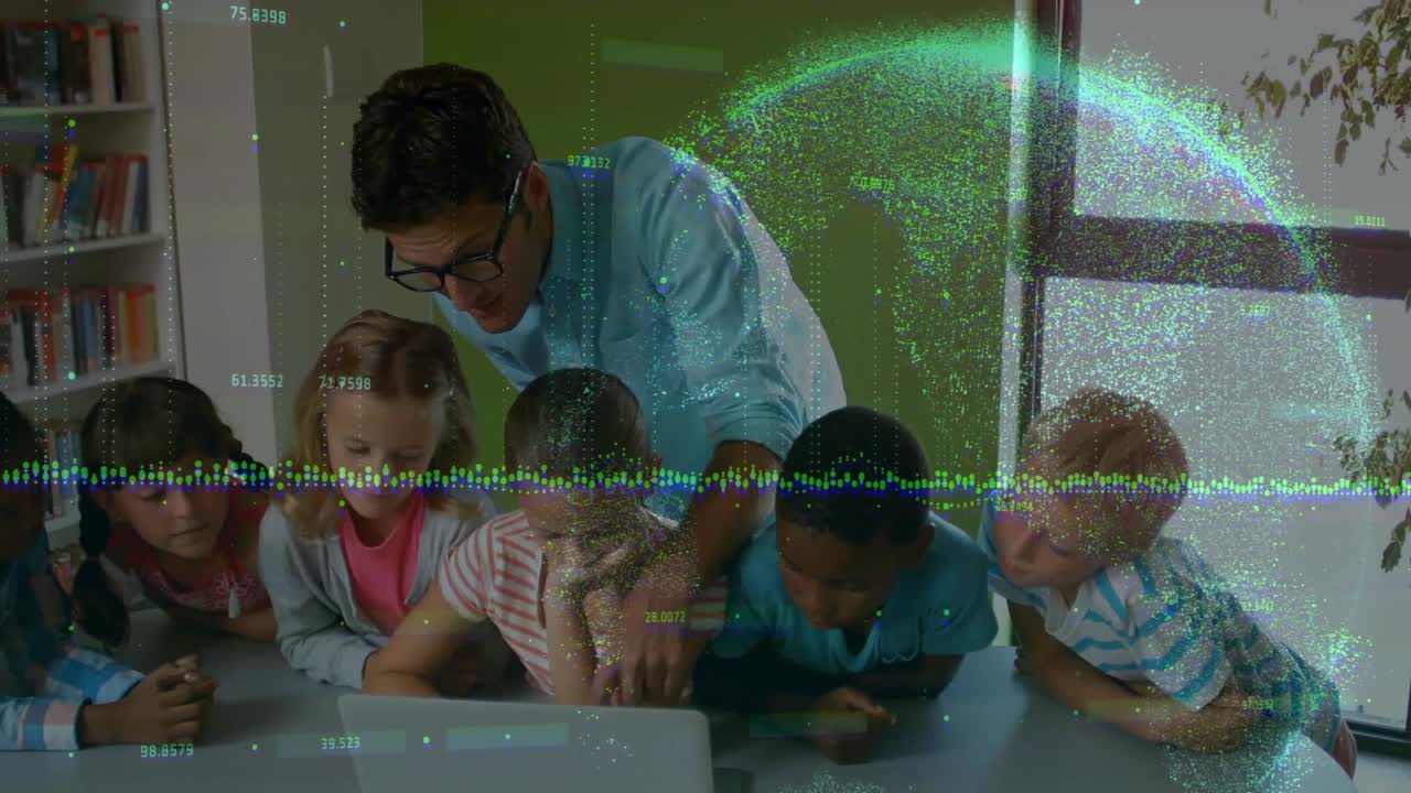 Teacher touching laptop initiating waveform and glowing globe demonstrating lesson