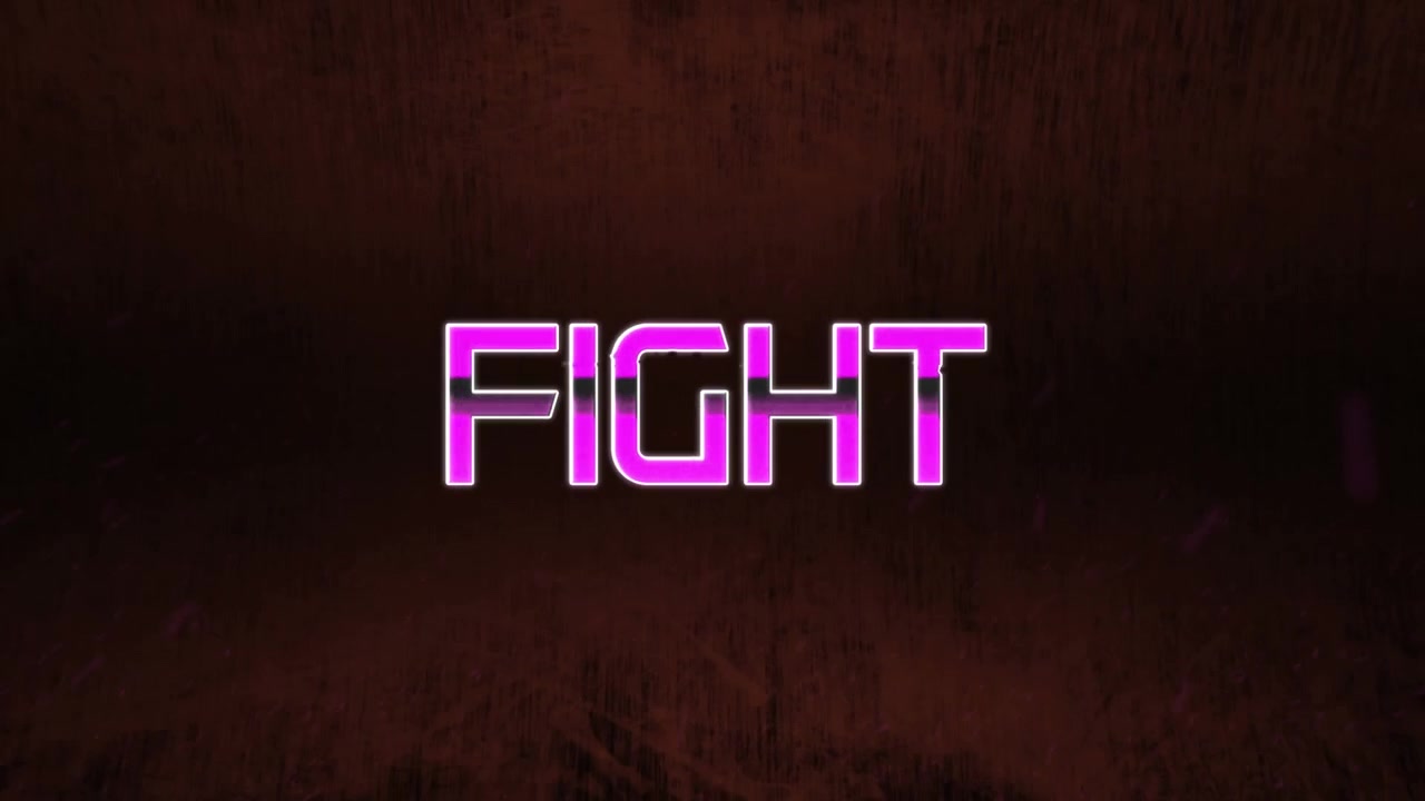 Animazione di effetto glitch su banner di testo 'fight' su sfondo grunge rosso.