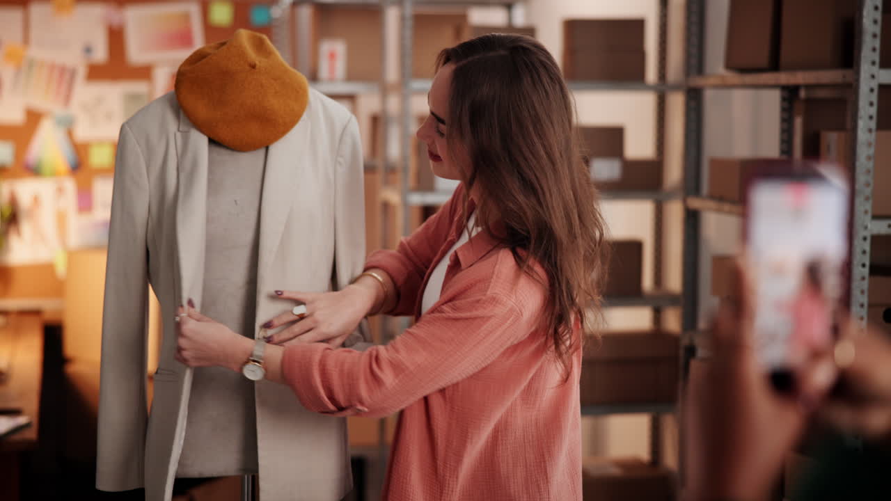 Giovane donna che registra contenuti di moda con un manichino per i social media.