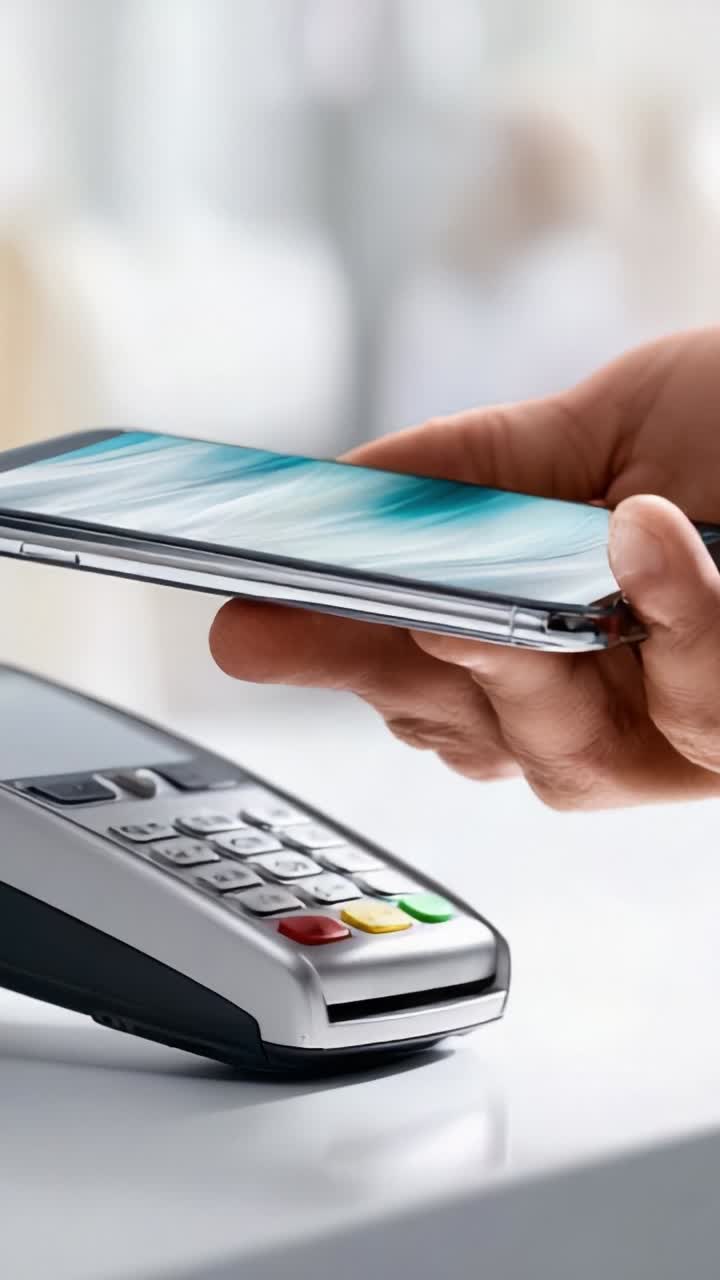 Tecnologia di pagamento contactless mostrata con uno smartphone e un terminale di pagamento in un moderno ambiente retail, che enfatizza la praticità e le transazioni digitali