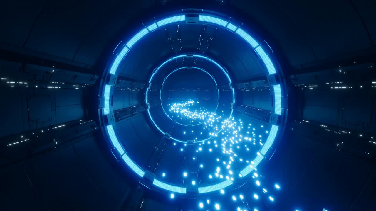 Emitting central ring sending blue particle stream through metal tunnel with LEDs, filling interior