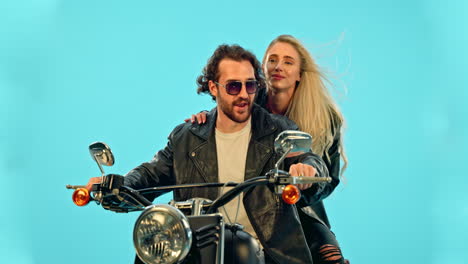 travel, blue background and couple on motorcycle