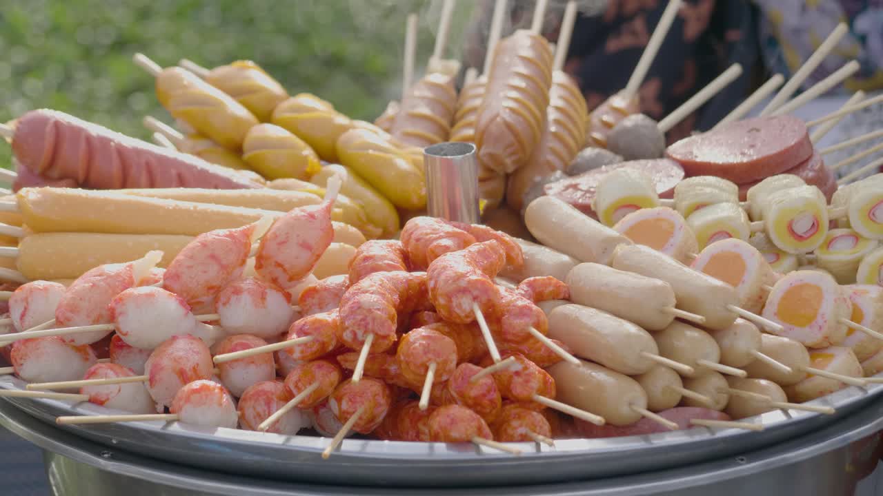 Delicious Street Food Variety: Grilled Sausages, Meatballs and Skewers