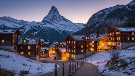 serene alpine village at dusk: a scenic view of snow-covered chalets with majestic mountain backdrop illuminated by warm lights