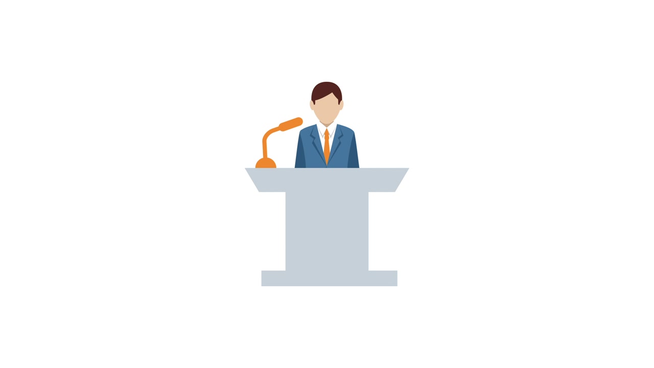 Animated Speaker Giving Presentation at Podium with Microphone