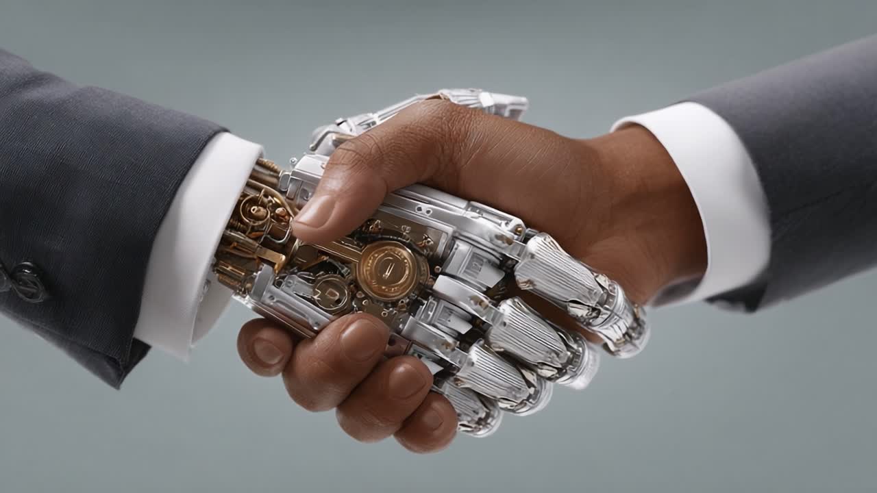 A Unique Collaboration: The Fascinating Encounter Between Human and Robotic Hands in a Symbolic Gesture of Partnership and Innovation
