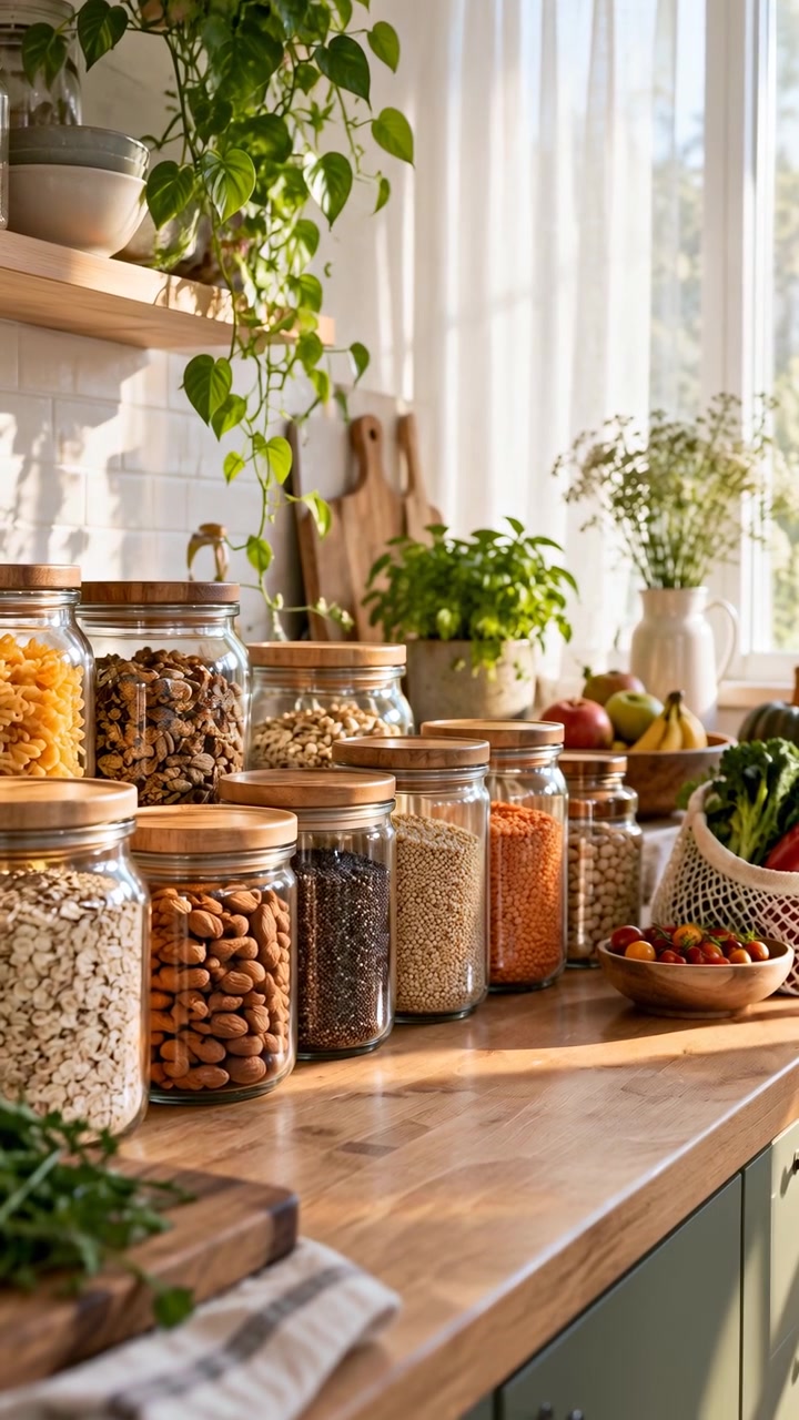 Sunlight falls across neatly arranged clear jars on a wooden worktop, revealing oats, almonds, seeds, grains and lentils beside fresh produce, potted plants and a bright window.