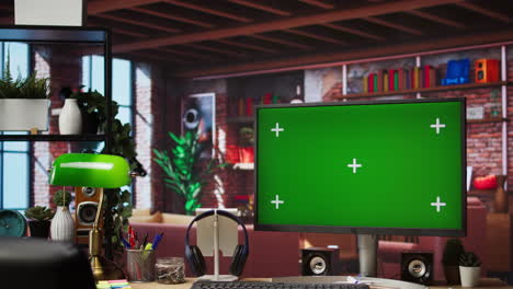 green screen computer monitor on wooden desk in modern home