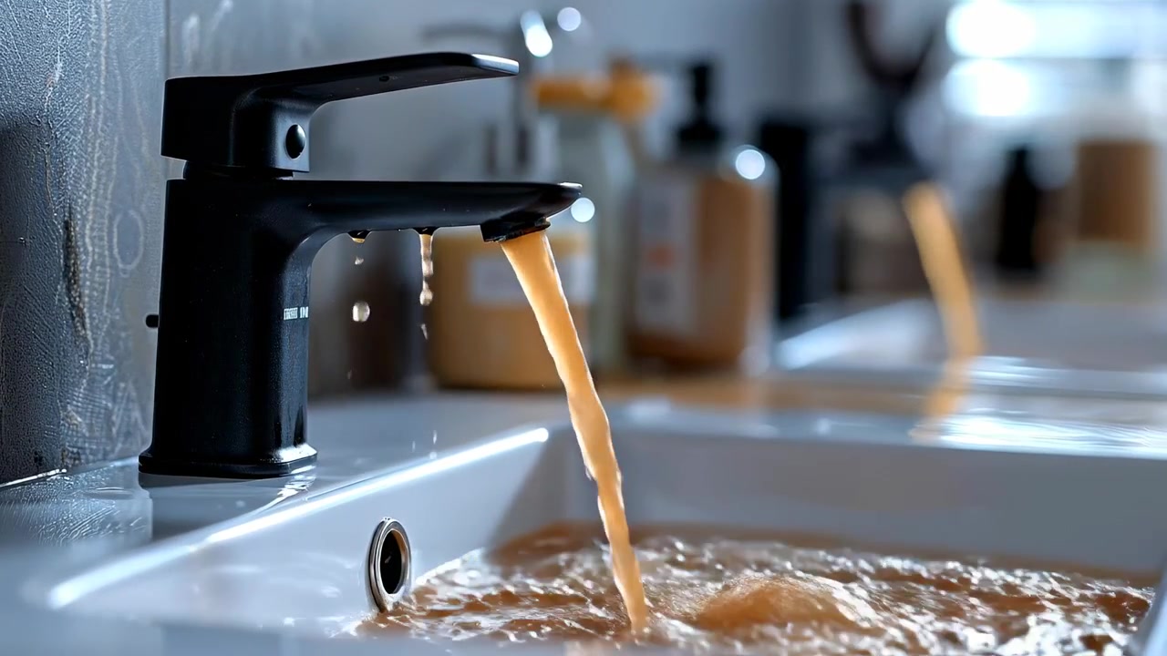 Acqua sporca marrone contaminata che sgorga da un rubinetto nero del bagno. Acqua marrone arrugginita che scorre da un rubinetto nero opaco in un lavabo in ceramica bianca, che rappresenta l'inquinamento idrico