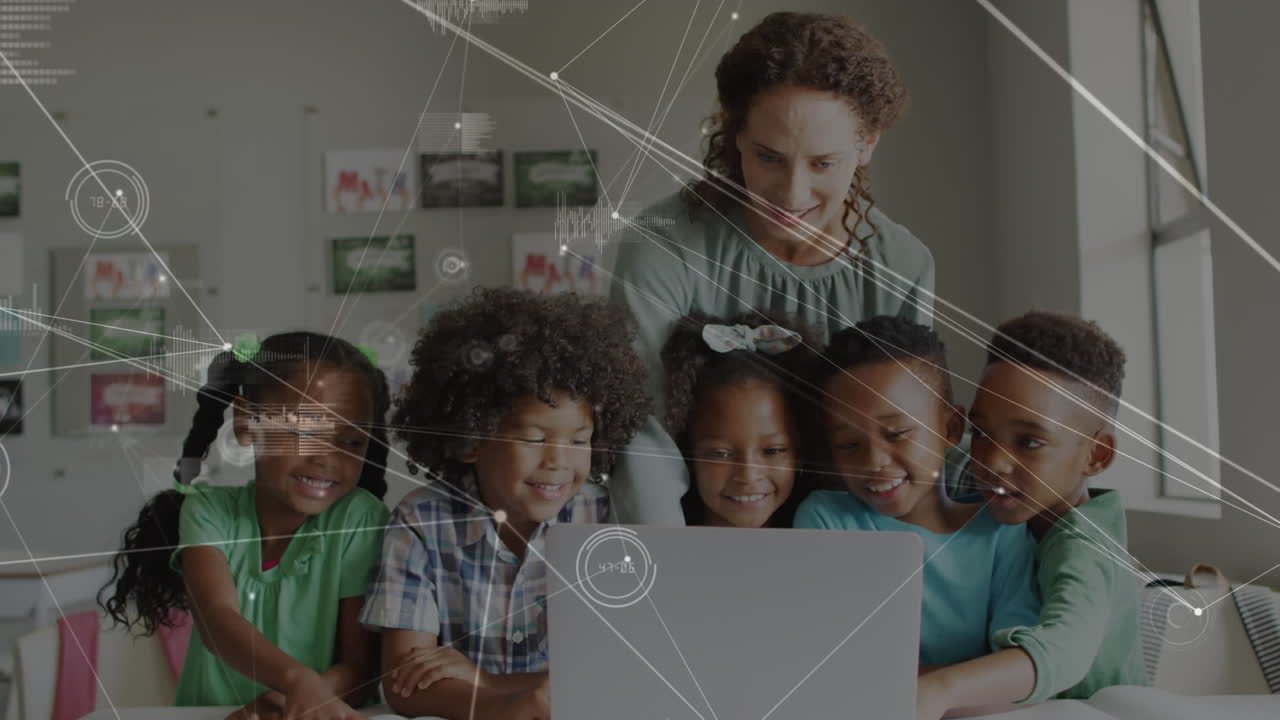 Animation of network of connections over diverse female teacher and students using laptop at school