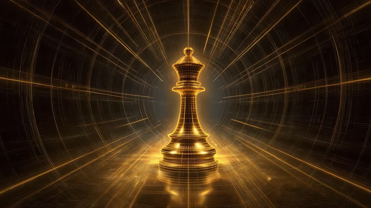 Golden chess queen rotating in a futuristic digital environment, symbolizing business strategy, power, and leadership with glowing light rays and a reflective surface on a dark background