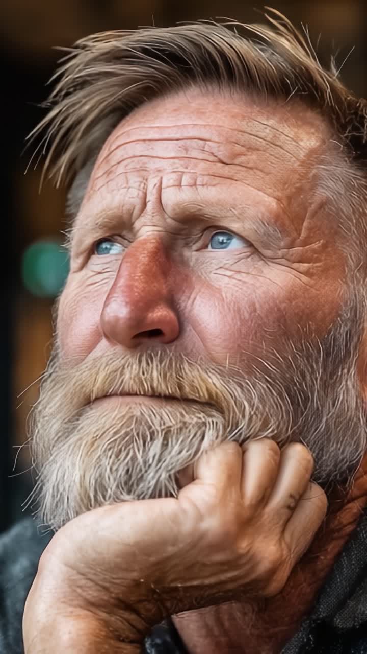 A Thoughtful Man Contemplates Life's Journey with Intense Focus and Depth in His Expressive Blue Eyes, Capturing a Moment of Reflection and Insight
