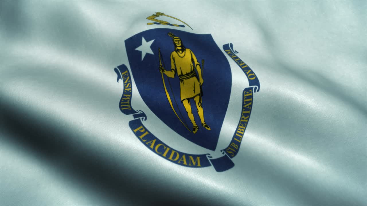 바람에 흔들리는 매사추세츠 주 발 (massachusetts state flag) - 매사추 세츠 주 (massachusetts) 의 국기 (seamless loop animation)