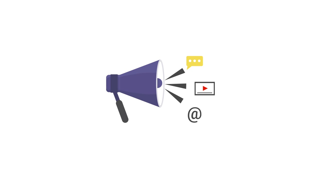 Megafono animato che annuncia contenuti digitali e social media