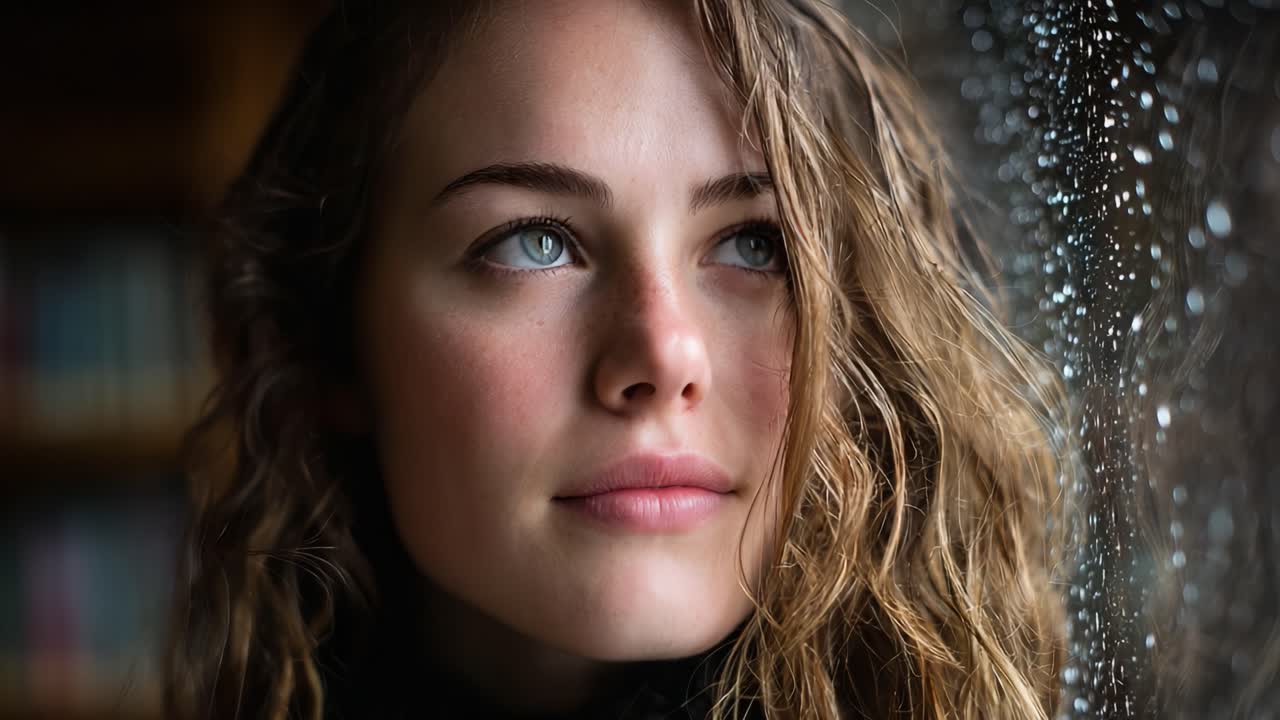 A Reflective Moment: Capturing the Beauty and Depth of a Young Woman's Expression Against a Rainy Window with Glimmering Raindrops