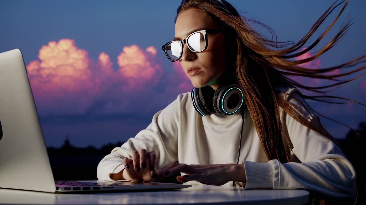 joven programadora con gafas y auriculares codificando en una computadora portátil, sentada contra un cielo de puesta de sol vibrante con nubes rosadas, encarnando el estilo de vida nómada digital y la creatividad tecnológica