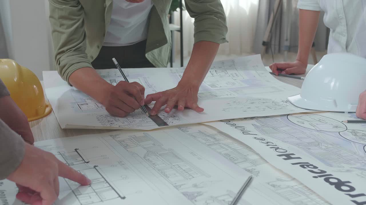 Close Up Of Group Of Asian Engineers Celebrating Finish Working At The Office