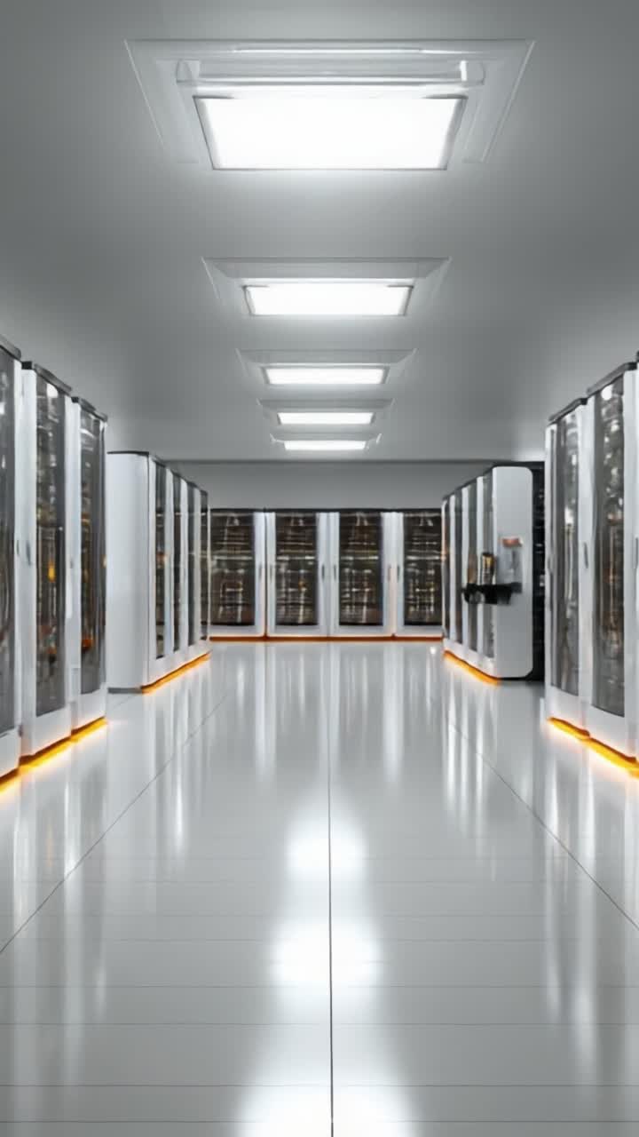 Un pasillo elegante y moderno de un centro de datos que cuenta con filas de servidores de alta tecnología e iluminación LED brillante, destacando la infraestructura y el diseño informático avanzado