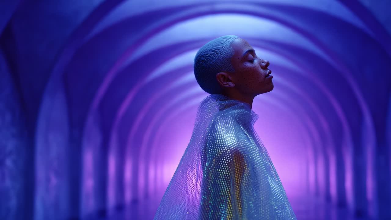 A Serene Moment in a Dreamlike Space: A Person in a Shimmering Attire Stands Confidently Under Ethereal Lighting, Evoking a Sense of Calm and Reflection Amidst Abstract Architecture