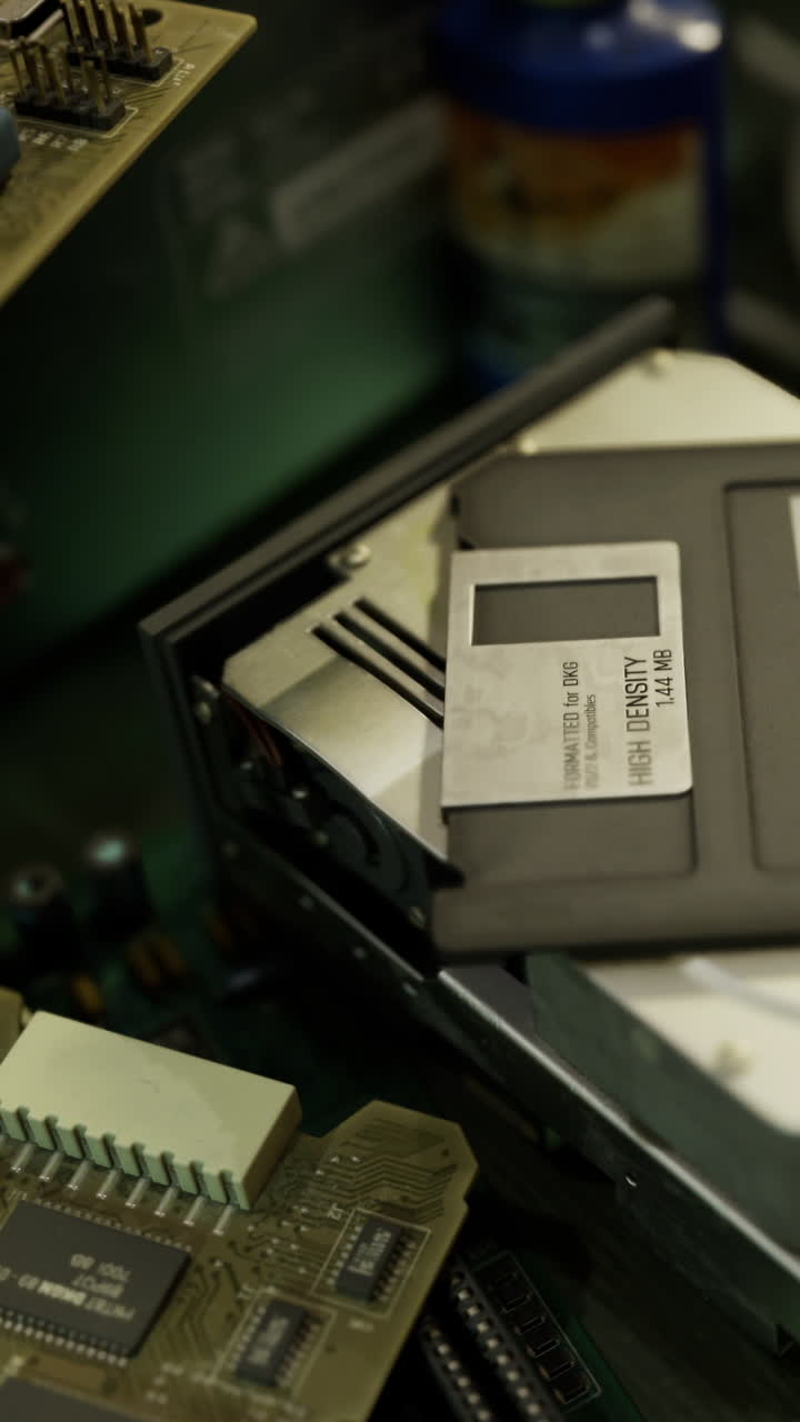 Old computer hardware with a floppy disk and circuit board in a workspace