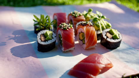 assorted sushi on a picnic blanket outdoors