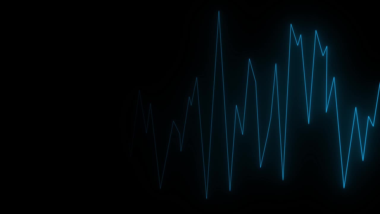 Blue audio waveform or abstract heartbeat line reacts and pulses across black background. For music, medical, or tech concepts