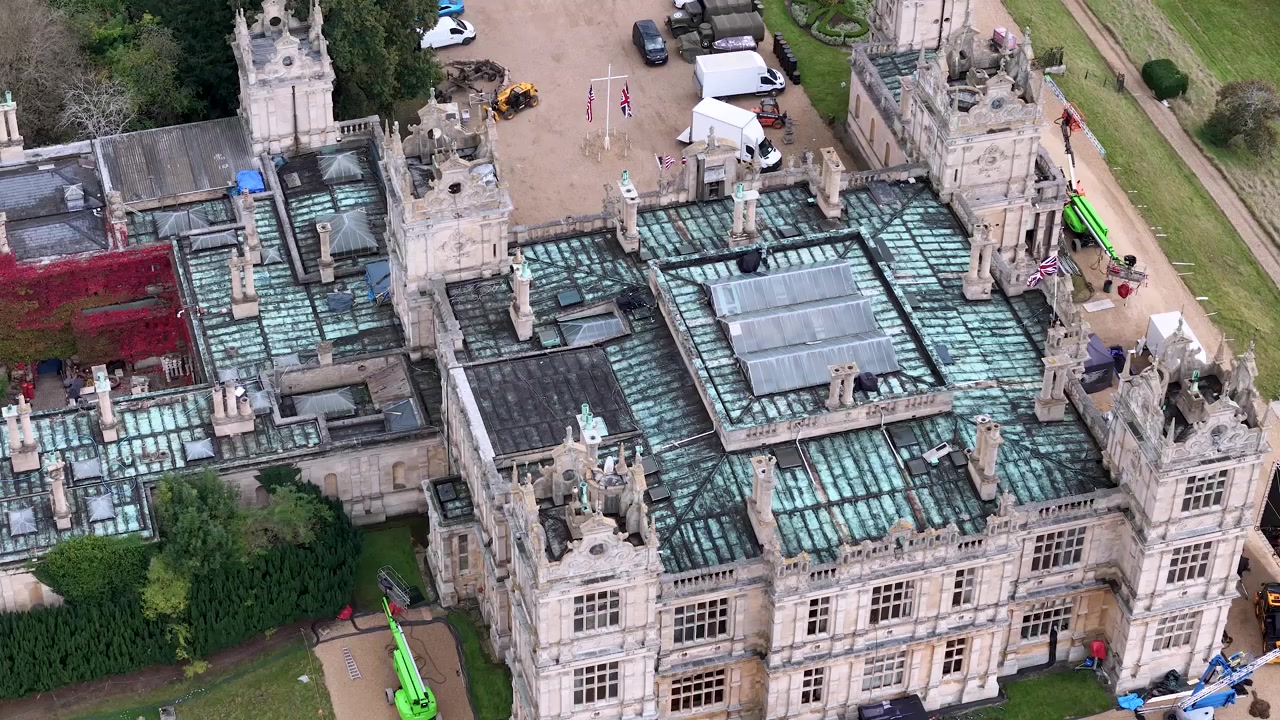 Above View Of Mentmore Towers Grand 19th-century English Country House In Buckinghamshire, England UK. Aerial Shot