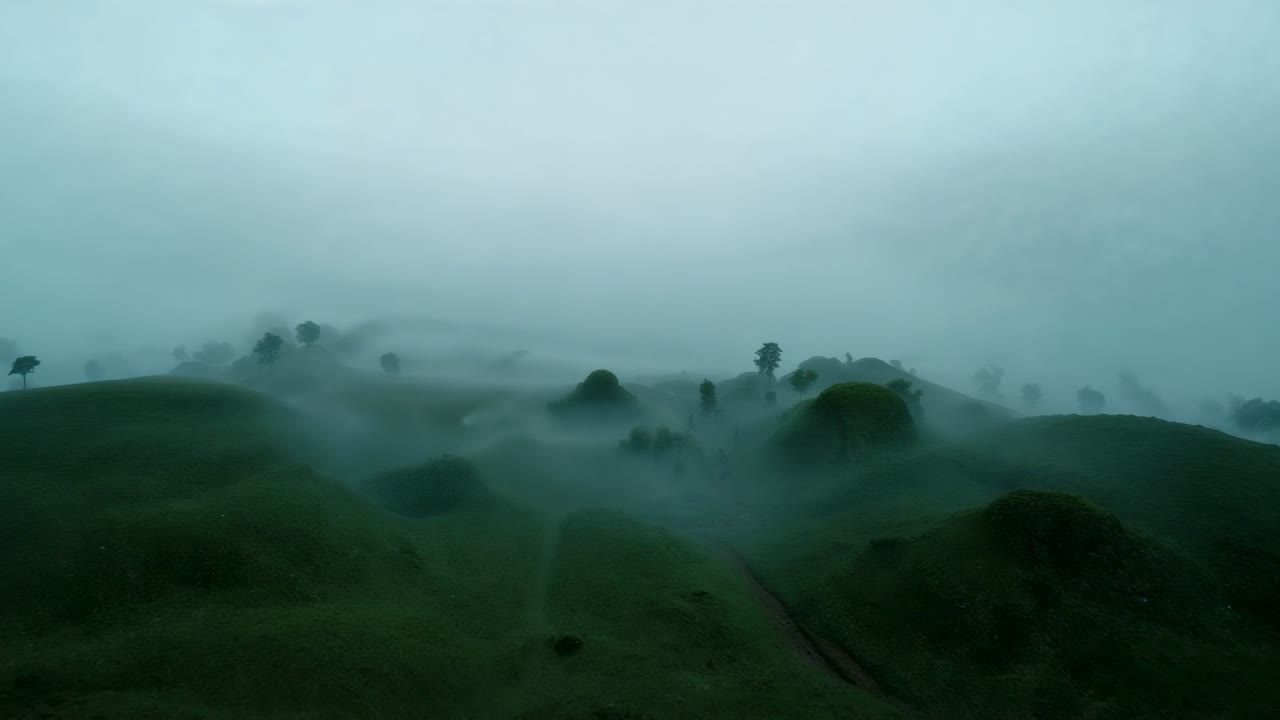 Hovering drone capturing fog over moorland hills, with dirt track weaving through trees and shrubs