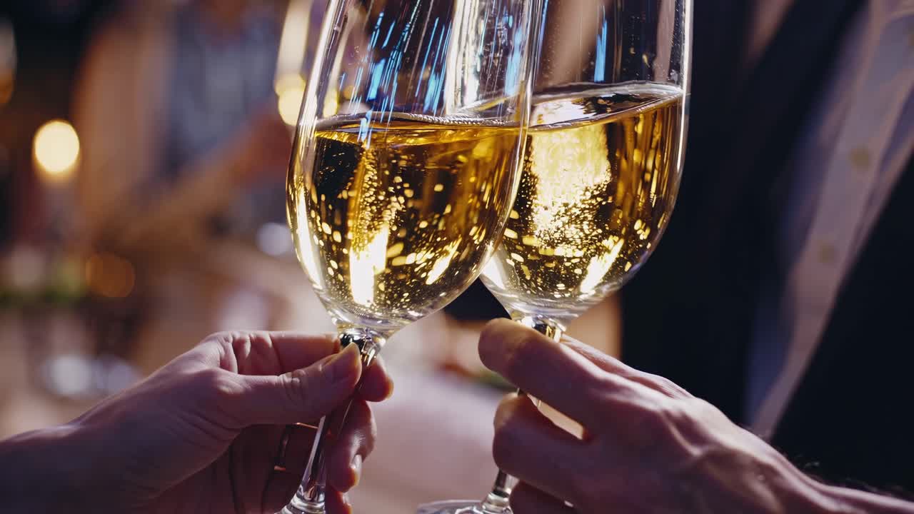 Una vivace scena conviviale ripresa dal basso, che mostra persone che brindano con calici di vino