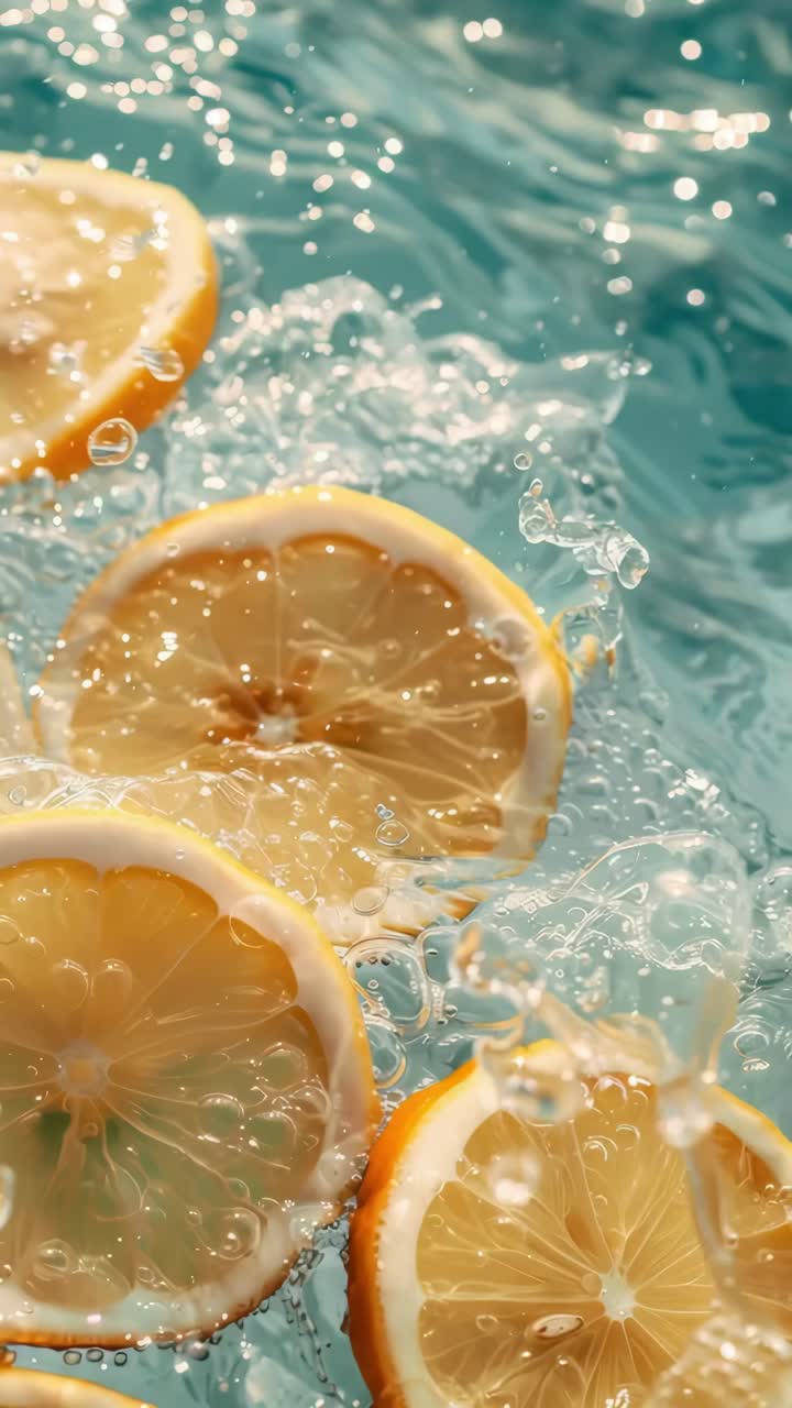 Top-down video of sliced lemons floating in clear water, showcasing vibrant colors and refreshing