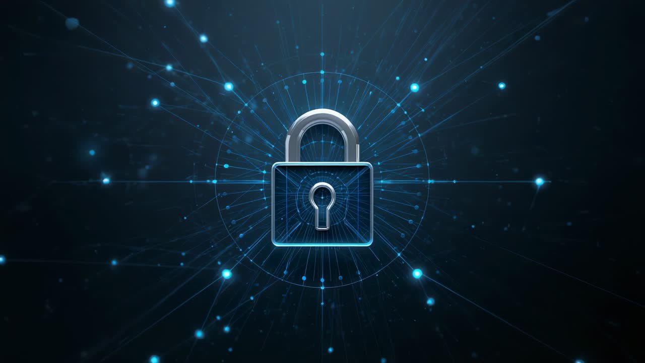 Pulsing metal padlock sitting at center in digital space, radial nodes lighting with scan starting