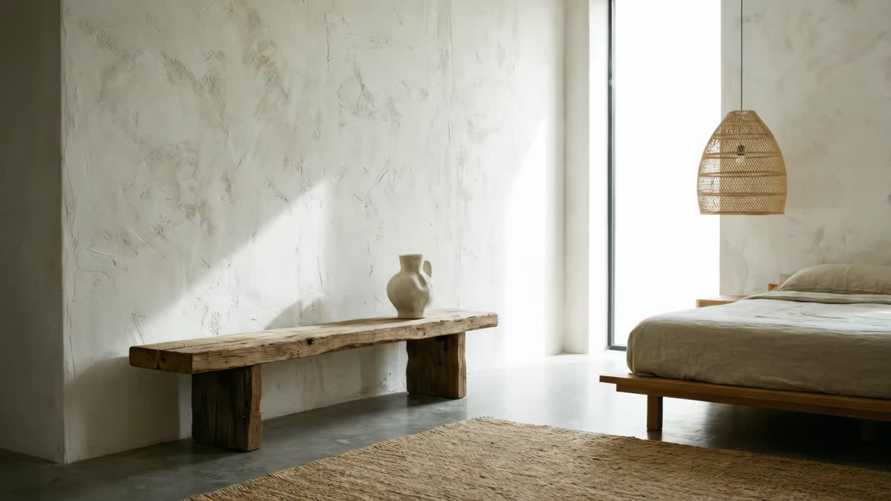 Minimalistický interiér ložnice s dřevěnou lavicí a přirozeným světlem