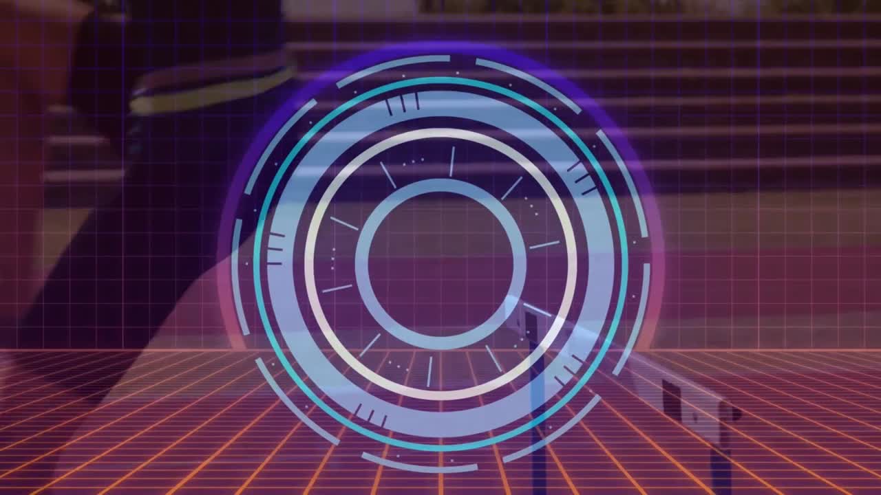 animación del círculo de procesamiento sobre las piernas de una mujer caucásica corriendo en el estadio