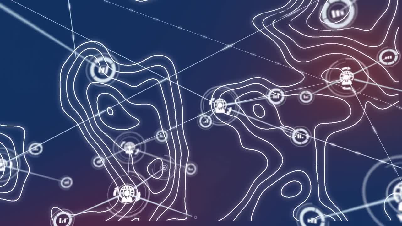 Animation of network of connections over changing isohypses on navy background