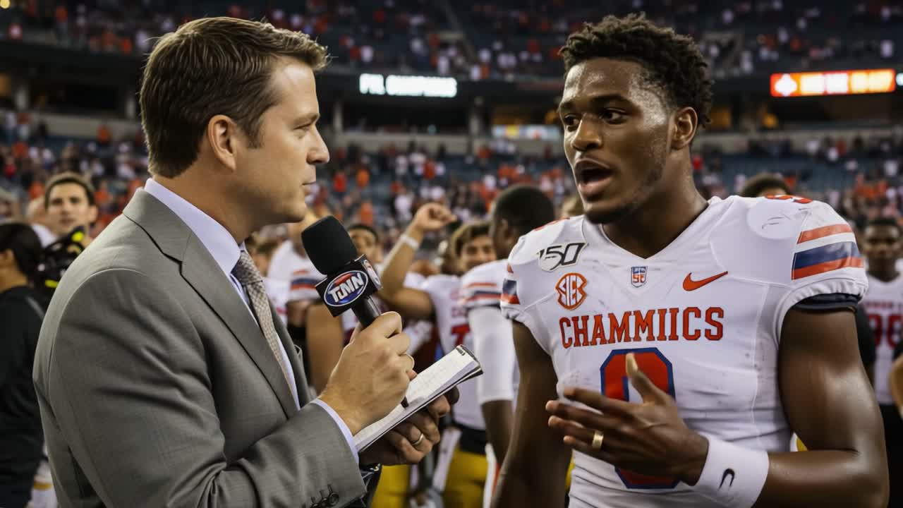A post-game interview capturing the triumph and excitement of athletes celebrating their victory on the field, showcasing the energy of sports and the camaraderie among players